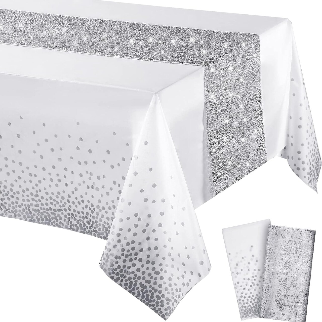 Tablecloth and Sequin Table Runner Set Polka Dots (White, Silver) 108"L x 12"W